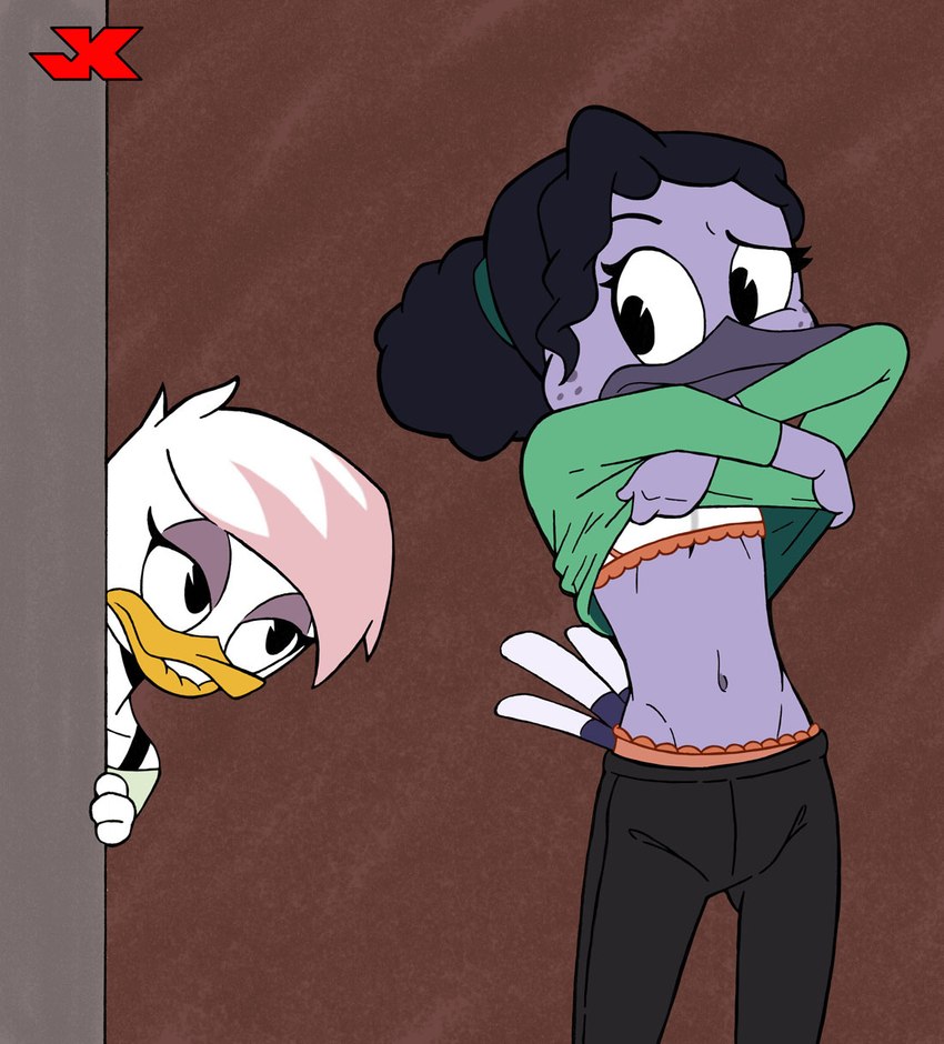 adolescent anthro beak bite biting_lip biting_own_lip clothing duo female female/female freckles self_bite underwear undressing undressing_self voyeur young young_anthro jk disney ducktales ducktales_(2017) lena_(ducktales) violet_sabrewing anatid anseriform apodiform avian bird duck hummingbird 2022 hi_res