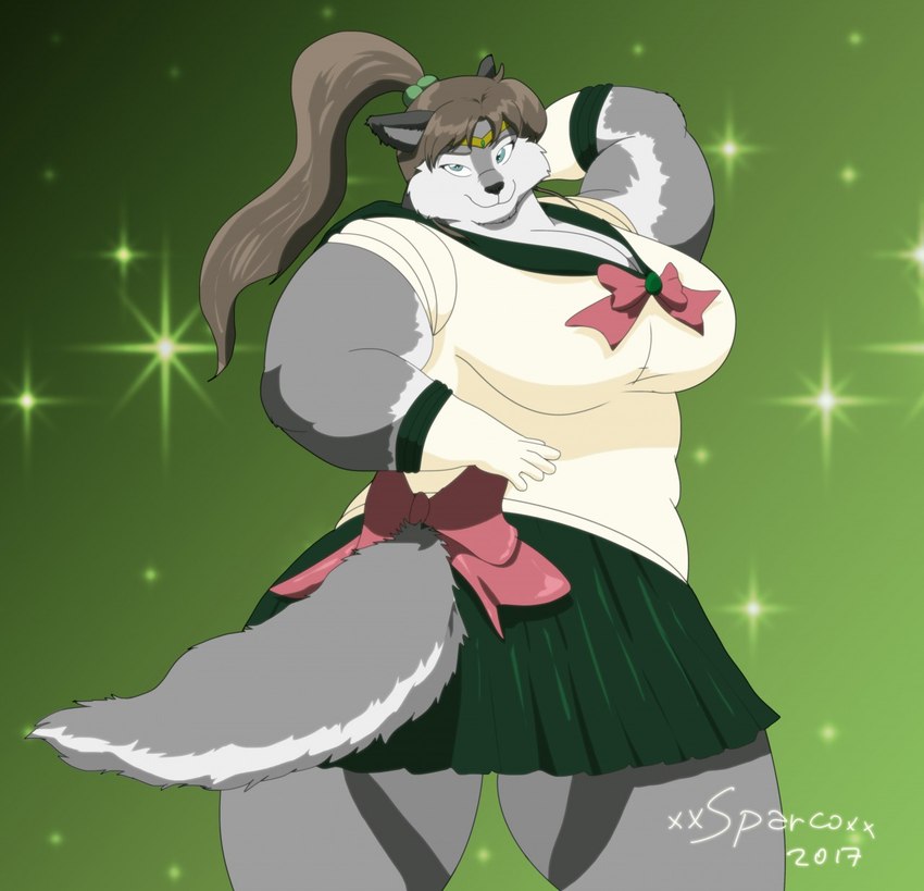 anthro asian_clothing big_breasts blue_eyes bottomwear breasts brown_hair butt butt_pose clothing cosplay crown east_asian_clothing female fur grey_body grey_fur hair hand_behind_head headgear huge_breasts japanese_clothing japanese_school_uniform multicolored_body multicolored_fur overweight overweight_anthro overweight_female pose school_uniform serafuku skirt solo thick_thighs tiara topwear two_tone_body two_tone_fur uniform white_body white_fur xxsparcoxx sailor_moon_(series) sailor_jupiter sophia_(xxsparcoxx) canid canine canis mammal wolf 2017 artist_name digital_media_(artwork) hi_res