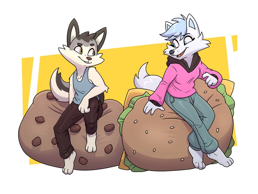 anthro burger candy chocolate chocolate_chip_cookie chocolate_chips cookie dessert duo female food male deadyoung7 jan_(kigtoons) sundae_(kigtoons) canid canine canis fox mammal wolf absurd_res hi_res