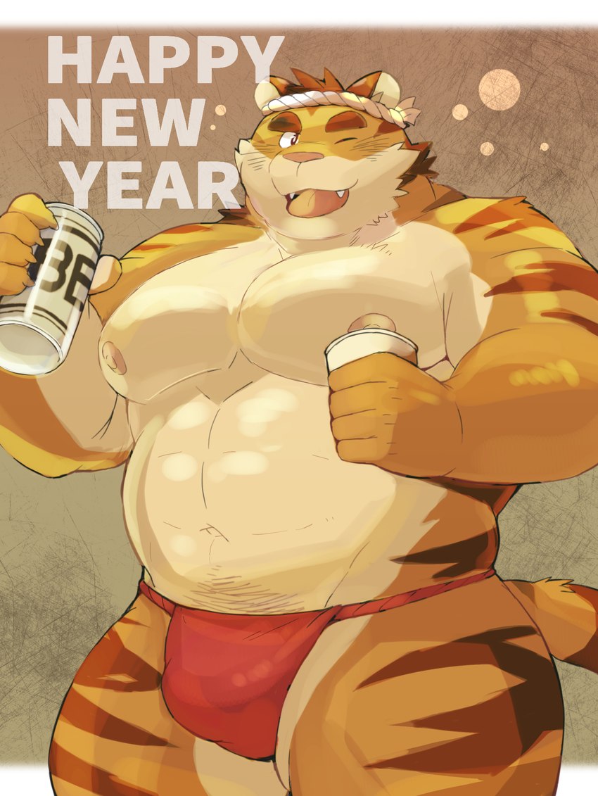 abs accessory alcohol anthro asian_clothing beer beverage brown_stripes bulge can clothing container cute_fangs east_asian_clothing fangs fundoshi fur headband holidays humanoid_hands japanese_clothing kemono looking_at_viewer male musclegut muscular nipples one_eye_closed orange_body orange_fur overweight overweight_male pecs pink_nipples pink_nose red_clothing red_fundoshi red_underwear small_hands solo striped_body striped_fur stripes tan_body tan_fur teeth text underwear white_headband wink ayame42612 chinese_zodiac new_year new_year_2022 year_of_the_tiger felid mammal pantherine tiger 2022 hi_res