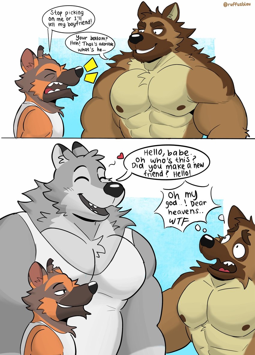 abs annoyed anthro barazoku big_muscles big_pecs black_nose brown_body brown_fur bully bullying chin_tuft clothing dialogue duo eyebrows facial_tuft fur greeting heart_symbol inner_ear_fluff larger_anthro larger_male male male/male muscular muscular_anthro muscular_male neck_tuft nipples notched_ear open_mouth pecs raised_eyebrow shirt shirtless shirtless_anthro shirtless_male shocked size_difference speech_bubble surprise talking_to_another tank_top teeth text thought_bubble tongue topwear tuft ruffusbleu ruffus_(ruffusbleu) canid canine canis domestic_dog german_shepherd herding_dog mammal pastoral_dog wolf himbo english_text hi_res