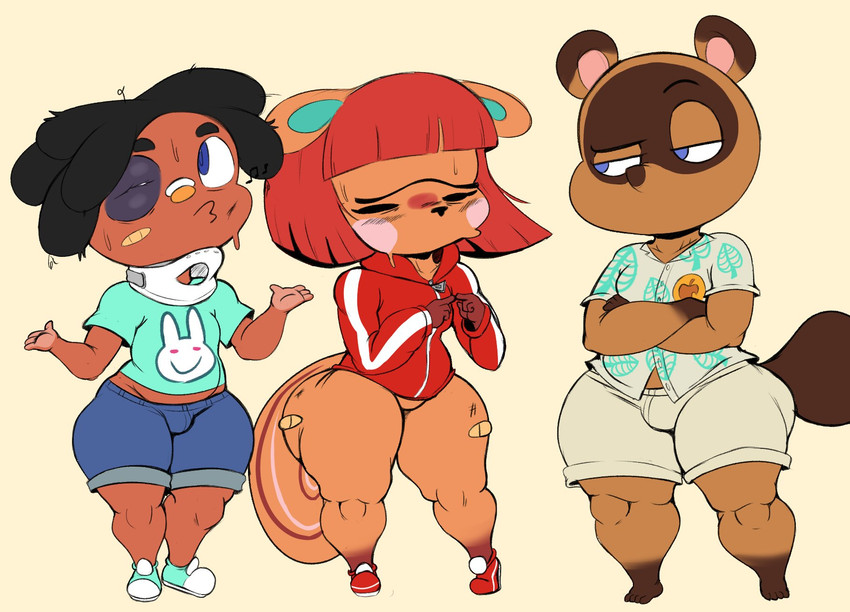 anthro bottomless bottomless_female bruised_eye bulge clothed clothing crossed_arms female gesture hoodie male short_stack shrug simple_background thick_thighs topwear purple_yoshi_draws animal_crossing nintendo cushion_(purpsyoshi) hazel_(animal_crossing) tom_nook_(animal_crossing) canid canine human mammal raccoon_dog rodent sciurid tanuki tree_squirrel hi_res