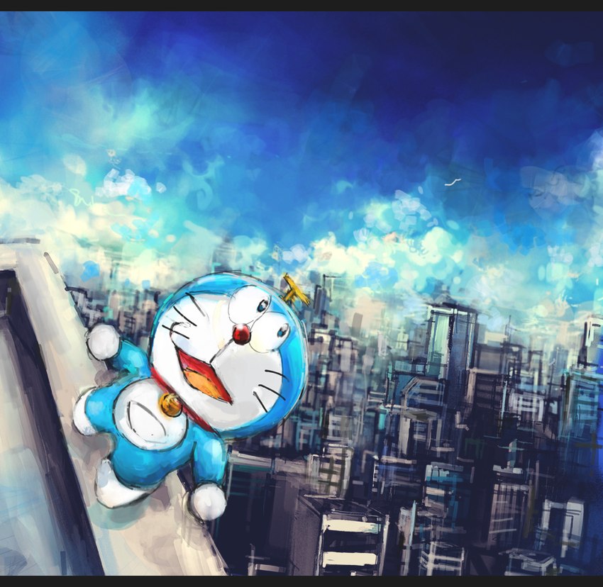 anthro bell blue_body blue_fur blue_sky building city cityscape cloud collar day flying front_view fur machine male open_mouth pouch_(anatomy) red_collar red_nose sky skyscraper solo take-copter tongue whiskers white_body white_fur mt_tg doraemon doraemon_(character) domestic_cat felid feline felis mammal robot 2018 digital_media_(artwork) letterbox shaded