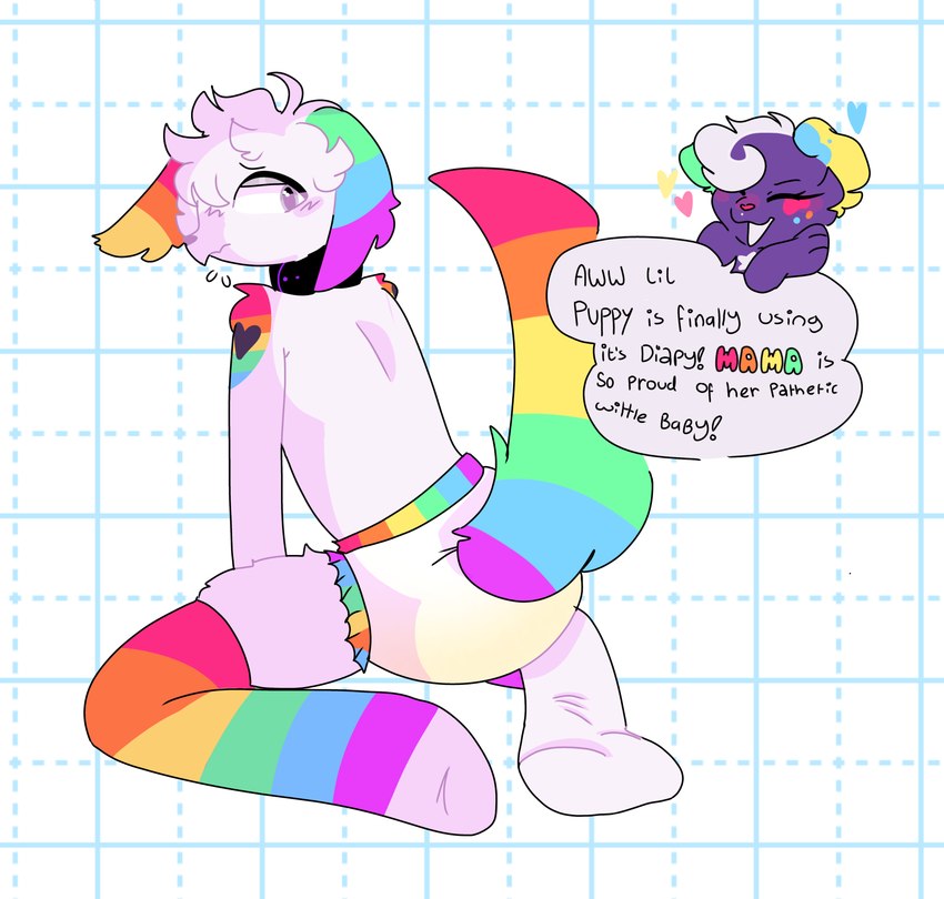 anthro baby_talk bodily_fluids clothing collar dialogue diaper duo embarrassed female footwear fur genital_fluids hair male mommy_kink multicolored_clothing multicolored_footwear multicolored_hair multicolored_socks multicolored_tail rainbow_clothing rainbow_footwear rainbow_hair rainbow_socks rainbow_tail socks sparklefur tail text unclean_diaper urine used_diaper wet_diaper wetting wetting_diaper white_body white_fur unknown_artist glitterpop! glitter_(glitterpop!) canid canine mammal english_text hi_res