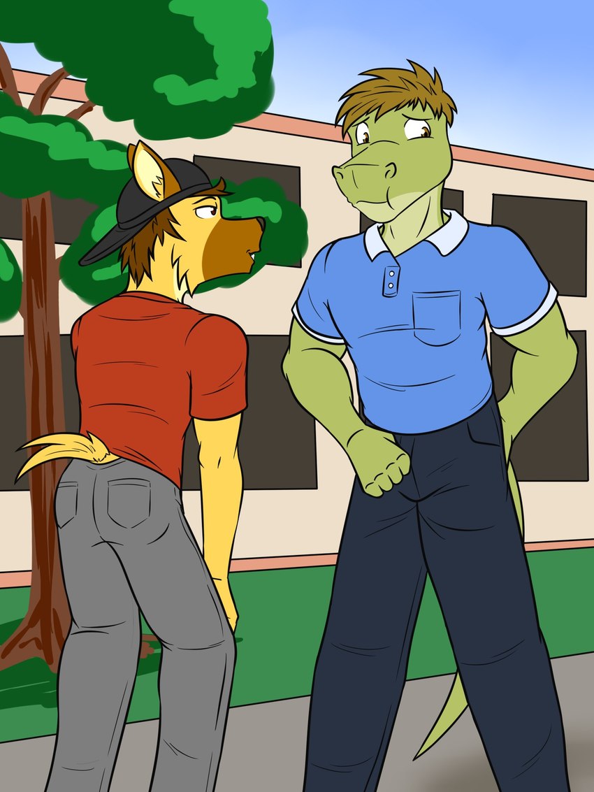 anthro backwards_baseball_cap backwards_hat baseball_cap bottomwear clothed clothing duo fully_clothed fur furgonomics green_body green_scales hat headgear headwear male outside pants polo_shirt scales shirt t-shirt topwear yellow_body yellow_fur zipping_up fuze fuzeyeen gabriel_(fuze) alligator alligatorid crocodilian hyena mammal reptile scalie spotted_hyena 3:4 hi_res