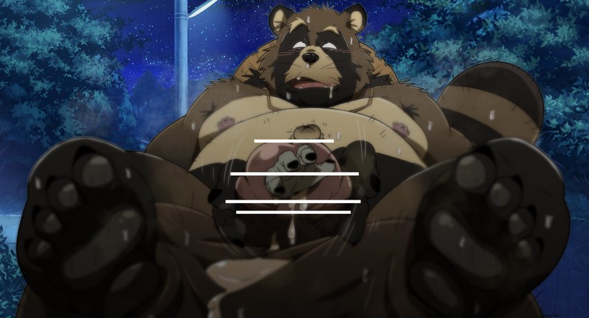 almost_fully_inside anthro balls belly big_balls big_belly bodily_fluids cock_vore detailed_background duo genitals kemono male moobs night nipples outside overweight overweight_male partially_inside penile penis pervy_squint raised_lower_eyelid solo_focus sweat vore eto1212 canid canine mammal raccoon_dog tanuki 2022 censored hi_res