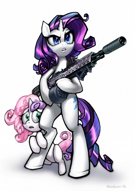 anthro blue_eyes cutie_mark duo female feral fur gun hair hiding_behind_another holding_gun holding_object holding_ranged_weapon holding_weapon horn multicolored_hair purple_hair ranged_weapon scared semi-anthro simple_background standing two_tone_hair weapon weaver_rail white_background white_body white_fur young young_feral vombavr friendship_is_magic hasbro my_little_pony mythology rarity_(mlp) sweetie_belle_(mlp) equid equine mammal mythological_creature mythological_equine unicorn 2012 absurd_res digital_media_(artwork) hi_res