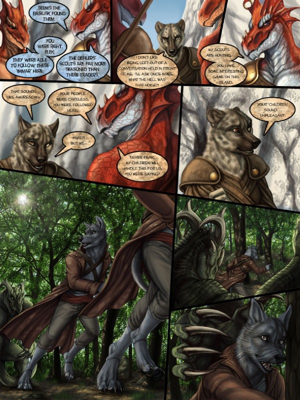 anthro armor blue_eyes claws clothed clothing detailed_background dialogue ear_piercing fantasy forest male nature outside piercing plant running scenery tail text tree weapon wood myenia rukis mythology red_lantern canid canine canis domestic_dog dragon helmeted_lizard hyena lizard mammal mythological_creature mythological_scalie reptile scalie spotted_hyena 3:4 comic english_text