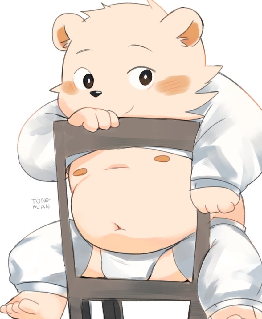 anthro asian_clothing belly blush chair clothing east_asian_clothing fundoshi furniture japanese_clothing male navel nipples overweight sitting solo straddling_chair underwear young young_anthro tongmung24 bear mammal 2022 hi_res