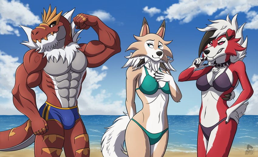 anthro beach bikini black_clothing blue_clothing breasts bulge clothing cloud collar distance female flirting fossil fur grey_body grey_chest group looking_at_another male male/female medium_breasts muscular muscular_male red_body red_fur red_scales sand scales sea sky smile standing_behind swimwear trio two-piece_swimsuit water white_body white_fur yellow_body yellow_fur mightyraptor mythology nintendo pokemon canid canine canis dinosaur dragon fossil_pokemon generation_6_pokemon generation_7_pokemon lycanroc mammal mythological_creature mythological_scalie pokemon_(species) prehistoric_species reptile scalie tyrantrum wolf hi_res