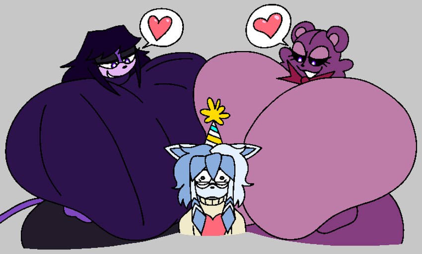 anthro bedroom_eyes big_breasts biped birthday black_sclera blue_hair bow_tie breast_squeeze breasts clothed clothed_female clothed_male clothing constricted_pupils countershade_face countershade_fur countershading curvy_figure dominant dominant_female duo_focus ears_down eyelashes eyewear featureless_breasts female femboy front_view fur glasses grey_background grin group hair half-closed_eyes hat headgear headwear heart_symbol huge_breasts hyper hyper_breasts imminent_rape imminent_sex imminent_threesome larger_female looking_at_viewer looking_down_at_another looming male multicolored_hair narrowed_eyes neck_bow nerd nude nude_anthro nude_female party_hat pivoted_ears pupils purple_body purple_countershading purple_eyes purple_fur purple_tail questionable_consent round_ears scared seductive simple_background size_difference small_pupils smaller_male smile speech_bubble squeezing submissive submissive_male surrounded sweater tail teeth thousand_yard_stare topwear trio turtleneck two_tone_hair voluptuous voluptuous_female gremlingrounded nintendo pokemon caitlyn_(gremlingrounded) glacier_(pastelnerd) teddibear_(gremlingrounded) bear eeveelution felid feline generation_4_pokemon glaceon mammal pokemon_(species) 2024 aliasing digital_media_(artwork) flat_colors pictographics