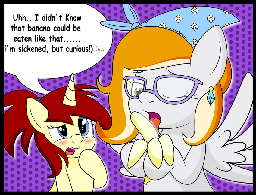 anthro banana dialogue duo ear_piercing ear_ring eyewear female female/female food fruit glasses horn piercing plant ring_piercing text wings an-tonio rainbownspeedash hasbro my_little_pony mythology equid equine mammal mythological_creature mythological_equine pegasus unicorn english_text hi_res