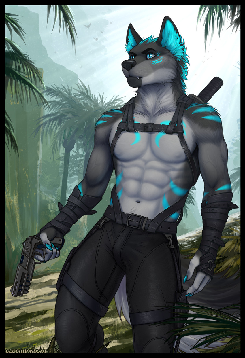 5_fingers abs anthro armor belt black_body black_border black_fur blue_claws blue_eyes blue_hair blue_markings border bottomwear claws clothed clothing detailed_background eyebrows facial_markings fangs fingers forest front_view fur grey_body grey_fur gun hair handgun harness head_markings holding_gun holding_handgun holding_object holding_pistol holding_ranged_weapon holding_weapon inner_ear_fluff jungle male markings melee_weapon multicolored_body multicolored_fur muscular muscular_anthro muscular_male neck_tuft palm_tree pants pecs pistol plant ranged_weapon solo standing sword tactical_gear teeth topless topless_anthro topless_male tree tuft weapon weapon_holster weapon_on_back clockhands matt_wolf canid canine canis mammal wolf absurd_res hi_res