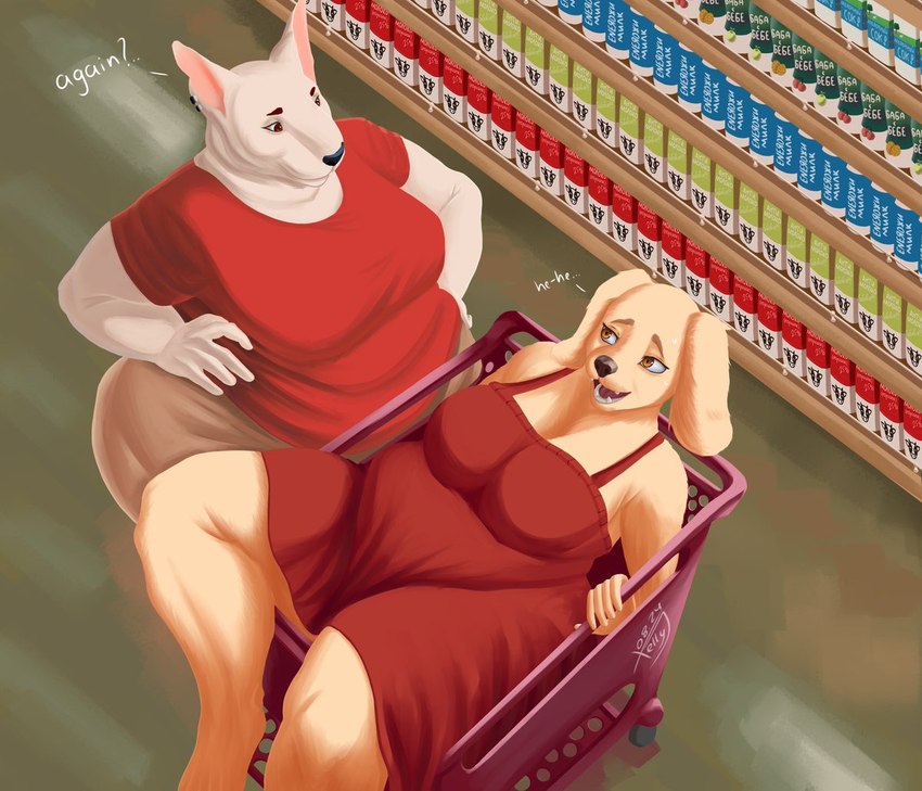 anthro belly big_breasts black_nose breasts clothing crossgender dialogue dress duo eye_contact female floppy_ears grocery_store hands_on_hips head_markings khaki_shorts looking_at_another markings mascot obese obese_anthro obese_female overweight overweight_anthro overweight_female red_clothing red_dress red_shirt red_topwear shirt text topwear xellyjelly target_corporation bullseye_(target) spot_(jayrnski) bird_dog bull_terrier canid canine canis domestic_dog hunting_dog mammal spaniel terrier 2024 dated english_text signature