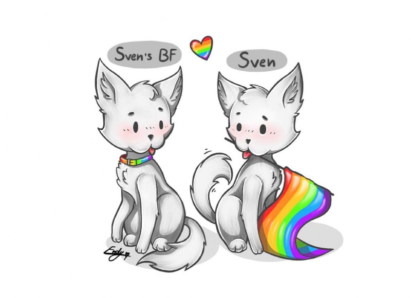 blush collar duo lgbt_pride male male/male pride_colors romantic romantic_couple simple_background six-stripe_rainbow_pride_colors tongue tongue_out white_background unknown_artist microsoft minecraft mojang pewdiepie xbox_game_studios sven's_bf sven_(pewdiepie) canid canine canis domestic_dog mammal