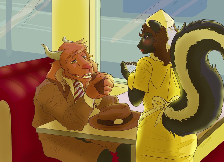 anthro brown_eyes cafe chair clothing coat diner diner_recliner duo fedora female furniture hat headgear headwear male male/female necktie note_pad on_chair private_detective restaurant sitting sitting_on_chair topwear trenchcoat waitress_uniform ssnowstalker adrian_conrad_(claydon_delve) jessica_musk_(claydon_delve) bovid caprine goat mammal mephitid skunk absurd_res hi_res