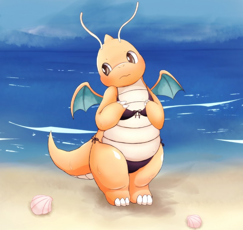 beach bikini black_bikini black_clothing black_swimwear blush claws clothing looking_away nervous outside sea seashell seaside shell sky solo standing swimwear two-piece_swimsuit water wet wings yellow_body yellow_skin mei_(artist) nintendo pokemon dragonite generation_1_pokemon pokemon_(species) 2014