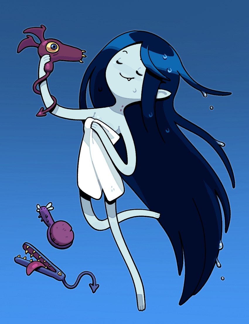 anthro bite_mark blue_background cute_fangs dryer eyes_closed fangs female gradient_background hair hair_dryer humanoid_pointy_ears not_furry pointy_ears simple_background smile solo teeth towel towel_only wet_hair discount-supervillain adventure_time cartoon_network marceline_abadeer humanoid vampire 2025 hi_res
