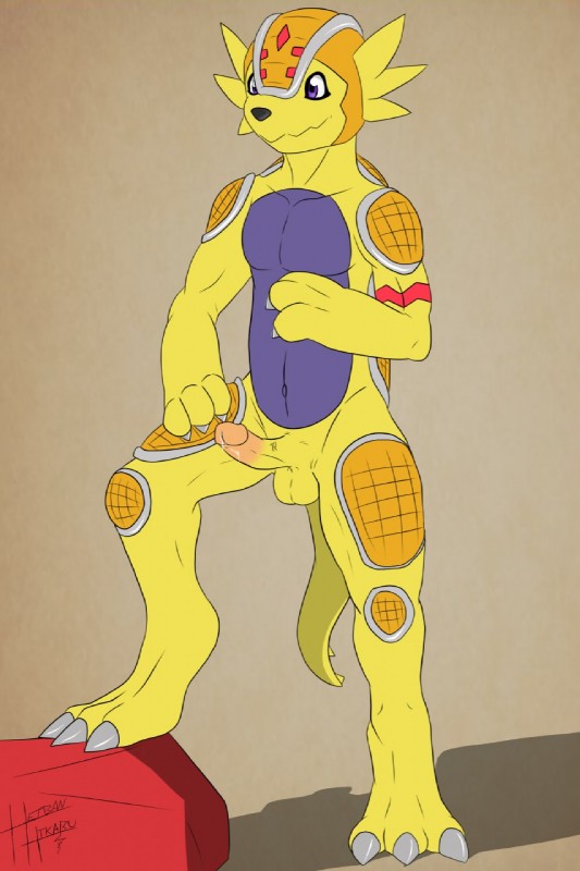 anthro anthrofied balls biped bodily_fluids circumcised clothed clothing digimorph dripping erection genital_fluids genitals male nude penis precum purple_eyes simple_background smile solo standing step_pose tan_background vein veiny_penis heibanhikaru bandai_namco digimon blit_the_armadillomon armadillomon digimon_(species) mammal hi_res signature