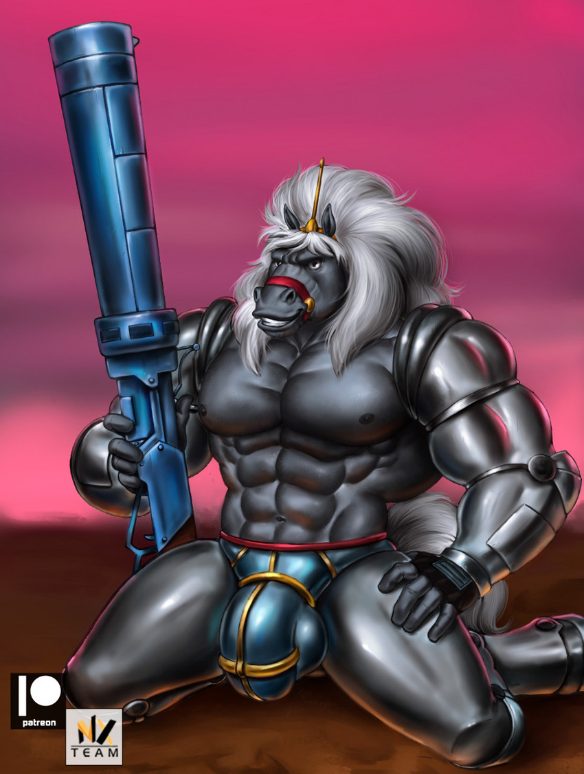 abs anthro bridle cybernetic_arm cybernetic_limb cybernetics grey_body gun hair kneeling machine male muscular muscular_anthro muscular_male ranged_weapon solo weapon white_hair nexus bravestarr thirty_thirty cyborg equid equine horse mammal hi_res