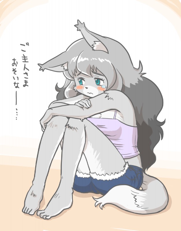 anthro biped blush bodily_fluids breasts cleavage clothed clothing female fur green_body green_fur grey_hair hair kemono long_hair midriff sad shirt sitting solo tank_top tears text topwear kin-shun moco_(kin-shun) canid canine canis mammal wolf digital_media_(artwork) hi_res japanese_text translation_request