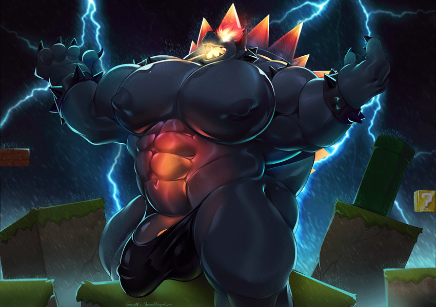 abs anthro biceps black_body black_skin bracelet claws clothing collar genitals horn jewelry male muscular muscular_anthro muscular_male nipples pecs penis shell solo spiked_bracelet spiked_collar spikes thunder underwear demondragoncyan gasaiv bowser's_fury mario_bros nintendo bowser fury_bowser koopa mammal scalie absurd_res hi_res