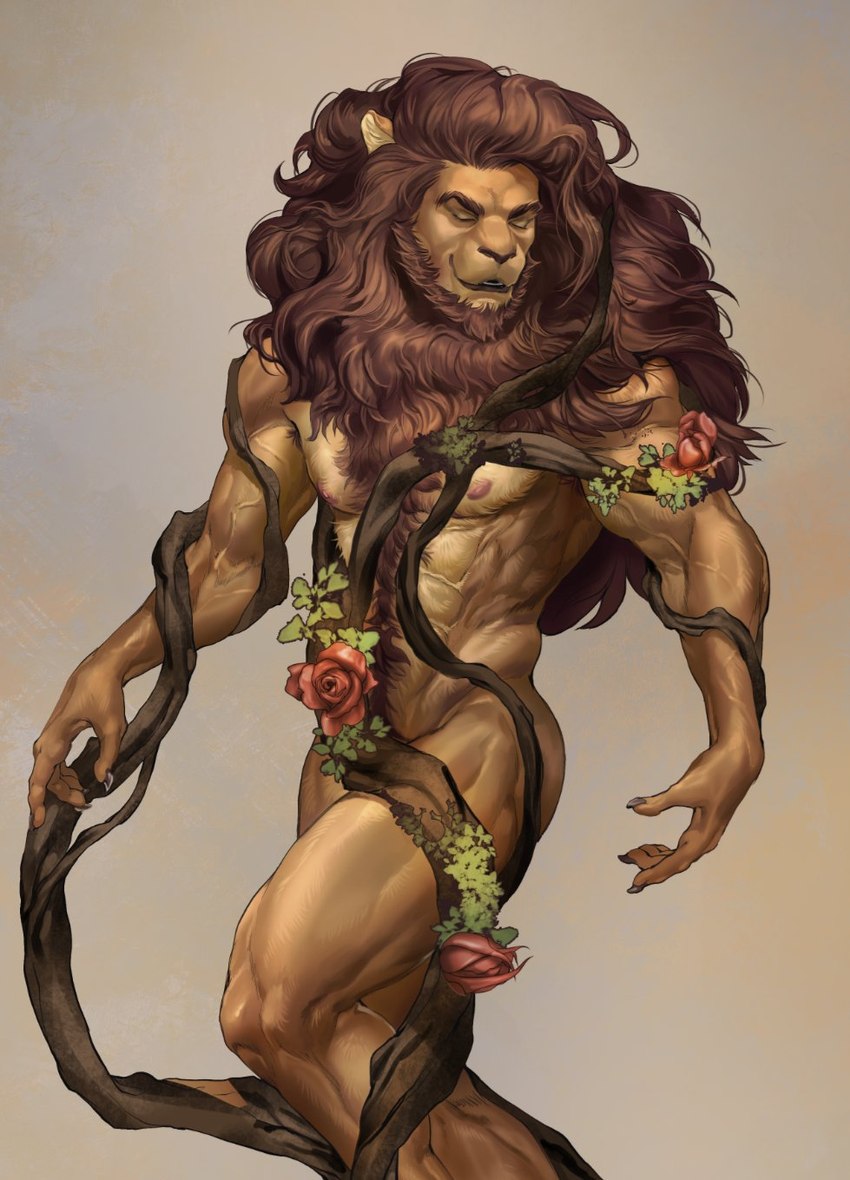 abs anthro beard biceps body_hair chest_tuft claws eyes_closed facial_hair flower grin hair happy_trail long_hair male mane muscular muscular_anthro muscular_male neck_tuft nipples nude open_mouth pecs plant pubes restrained rose_(flower) simple_background smile solo standing tuft vein veiny_muscles vine_bondage vines thebigslick kingsguard leandros_(kingsguard) felid lion mammal pantherine 2021 digital_media_(artwork) hi_res