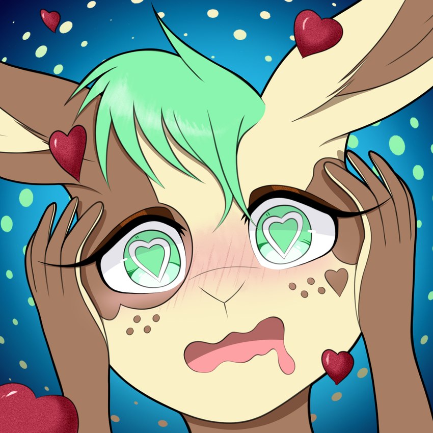 ambiguous_gender anthro blue_background blushing_profusely bodily_fluids brown_body brown_eyelids brown_freckles brown_fur drooling eyelashes freckles fur green_background green_circle green_eyes green_hair hair heart_(marking) heart_eyes heart_symbol long_eyelashes markings rabbit_ears saliva simple_background solo tan_body tan_fur caramelfox mint_mocha lagomorph leporid mammal rabbit 1:1 hi_res icon male_(lore)