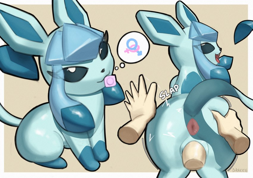 butt butt_grab butt_slap condom condom_in_mouth duo female feral floating_hands gender_symbol gender_symbol_penetration hand_on_butt looking_pleasured male male/female mouth_hold object_in_mouth onomatopoeia sexual_barrier_device simple_background slap sound_effects symbol text drakkie nintendo pokemon eeveelution generation_4_pokemon glaceon pokemon_(species) hi_res