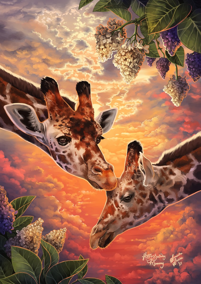 ambiguous_gender cloud duo feral flower leaf outside plant sky sunset charlatan-of-doom giraffe giraffid mammal absurd_res hi_res huge_filesize