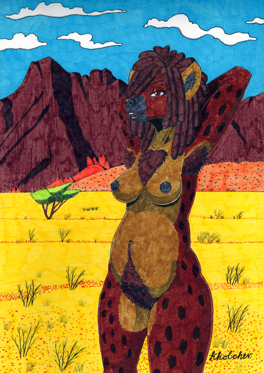 anthro armpit_hair black_nipples body_hair breasts brown_eyes chest_tuft countershading dreadlocks female hands_behind_head landscape looking_at_viewer mountain navel nipples nude plant pubes savanna slightly_chubby smile solo tree tuft konstantin_kholchev hyena mammal hi_res marker_(artwork) traditional_media_(artwork)