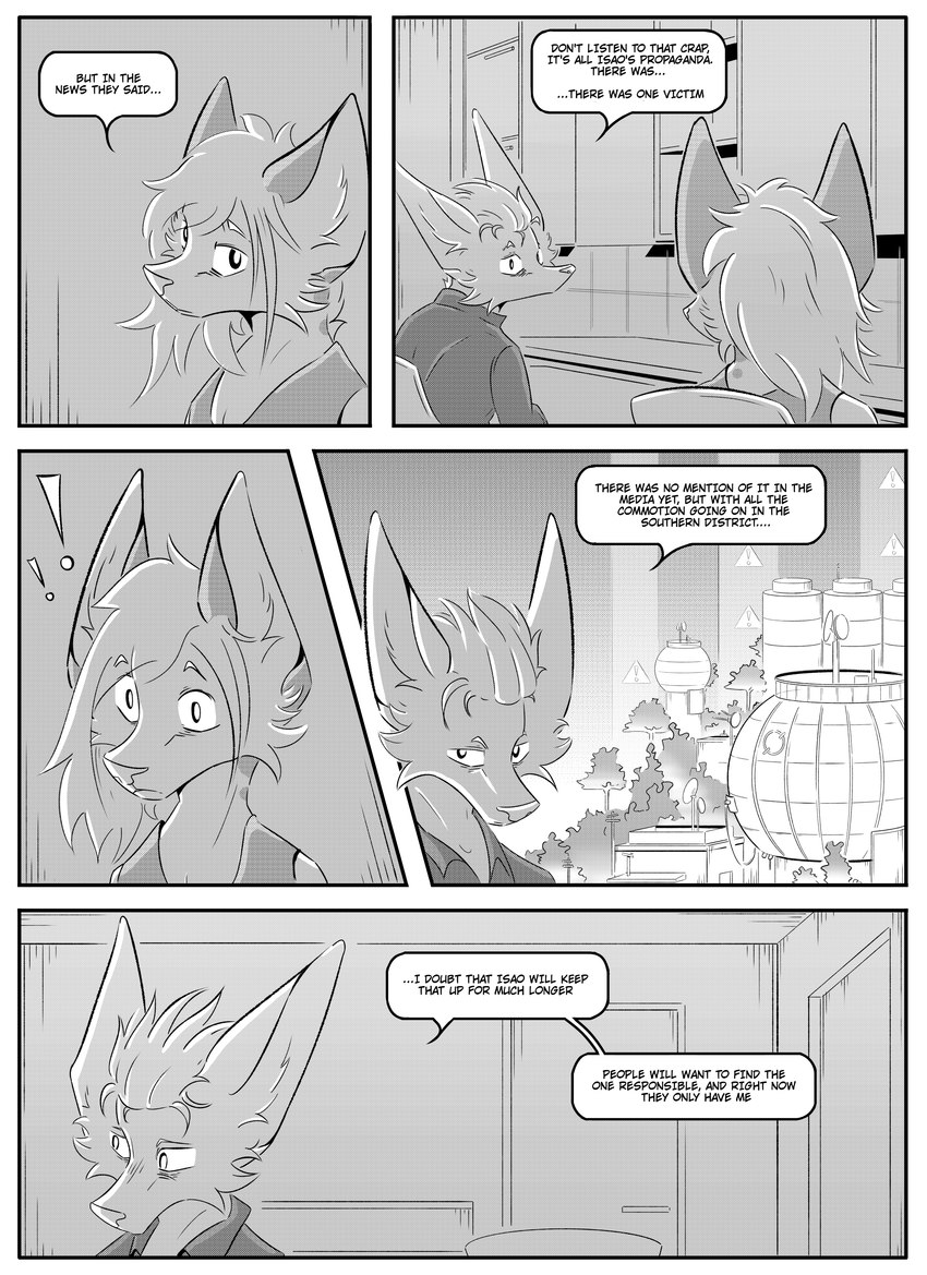 anthro clothed clothing dialogue duo female inner_ear_fluff inside male simple_background speech_bubble text tuft kifyun2 braun_(kifyun2) emily_braun_(undying_void) canid canine fox mammal absurd_res black_and_white comic english_text hi_res monochrome