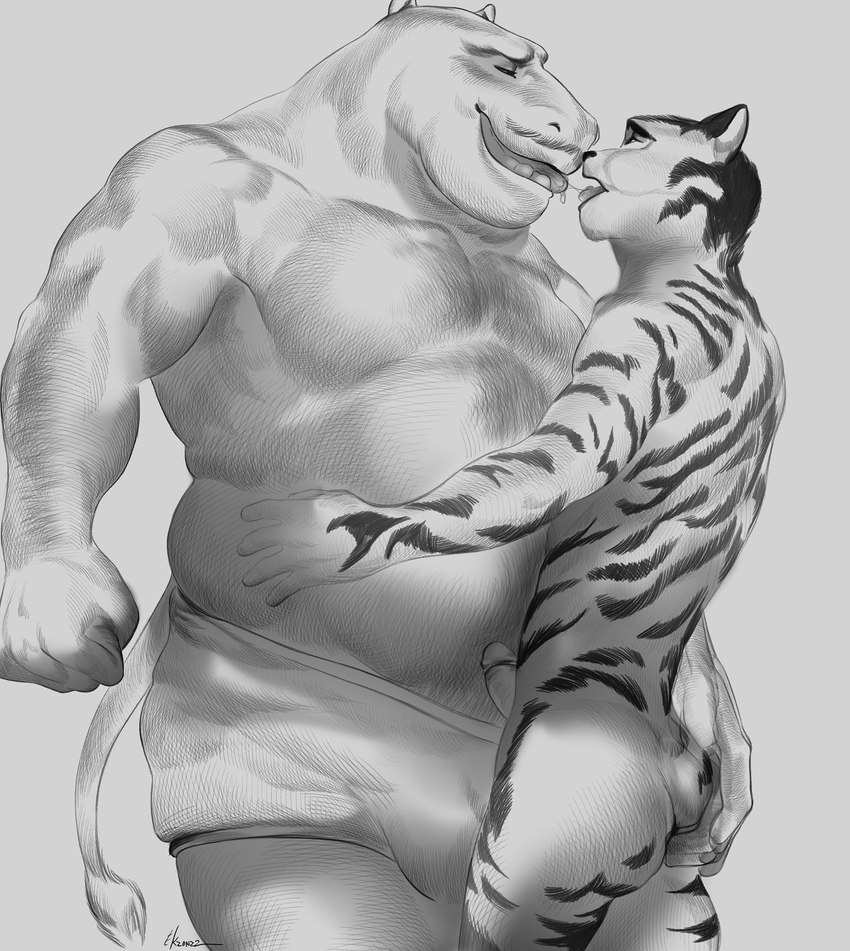 after_kiss anthro belly biceps big_belly bodily_fluids body_hair briefs briefs_only bulge butt chest_hair clothed clothing duo erection eyes_closed facial_hair genitals holding_butt hug intimate kissing male male/male musclegut muscular mustache nude pecs penis saliva saliva_string simple_background standing striped_body stripes tongue tongue_out topless triceps underwear underwear_only white_background ekzonzz rimba_racer mr._king_(rimba_racer) tag_(rimba_racer) common_hippopotamus felid hippopotamid mammal pantherine tiger 2022 absurd_res greyscale hi_res monochrome