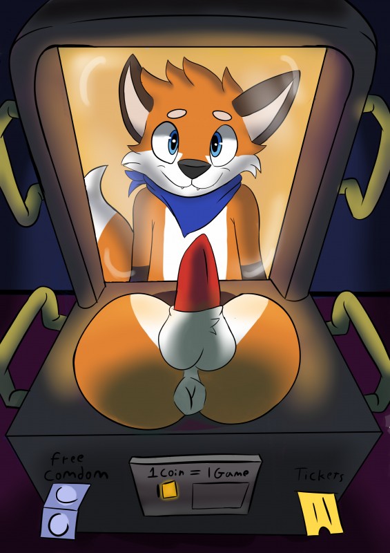 anthro anus arcade balls biped first_person_view genitals machine male penis solo text neoanton_(artist) thebestfox canid canine fox mammal absurd_res digital_media_(artwork) english_text hi_res