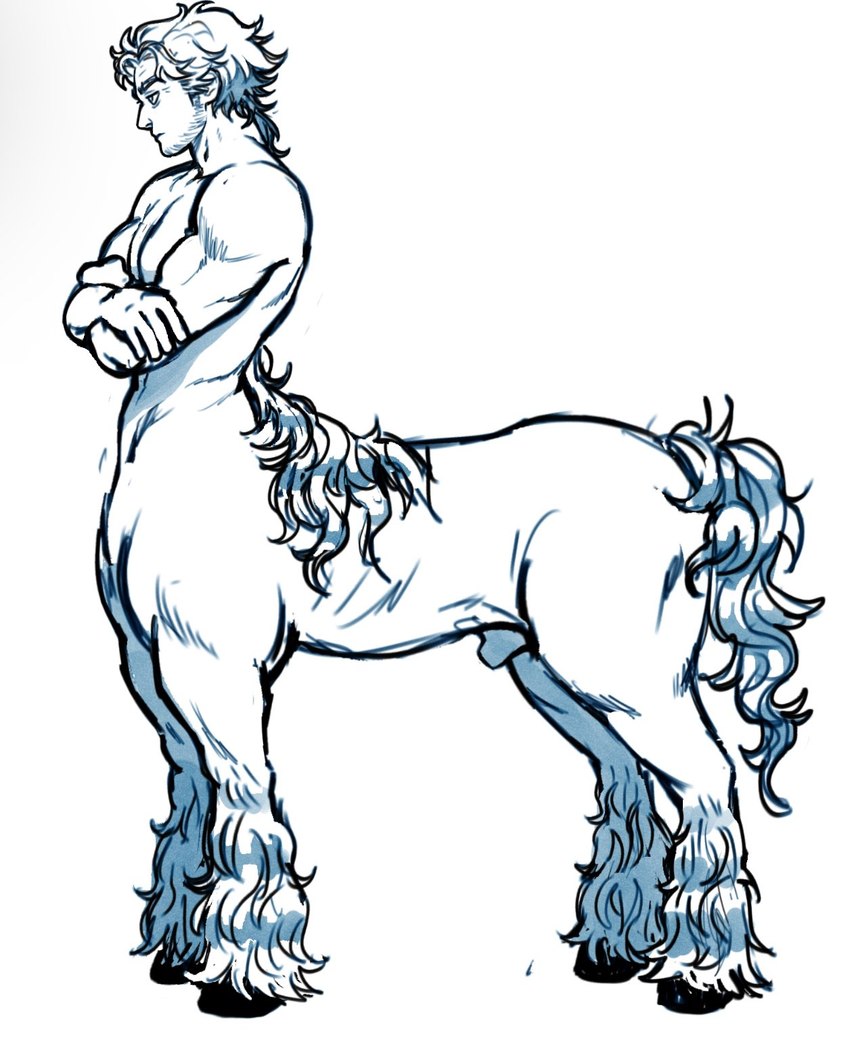 crossed_arms eyebrows facial_hair fingers frown fur genitals hair male mullet nude penis simple_background solo standing stubble tail valentitans european_mythology greek_mythology mouthwashing mythology curly_(mouthwashing) centaur equid equid_taur humanoid_taur mammal mammal_taur taur hi_res monochrome