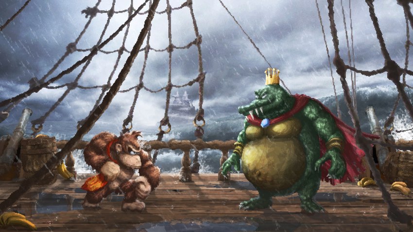 anthro banana barrel brown_body brown_fur cape clothing cloud crown duo eye_contact food fruit fur headgear looking_at_another male muscular muscular_male necktie pecs plant raining rope wet orioto donkey_kong_(series) nintendo donkey_kong_(character) king_k._rool ape haplorhine kremling mammal primate scalie 16:9 2023 widescreen