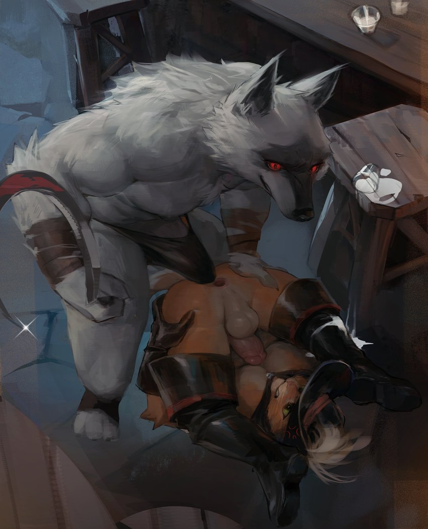 anthro anus balls bikini bulge claws clothed clothing detailed_background duo erection erection_under_clothing forced fur genitals grey_body grey_fur grey_hair hair hat headgear headwear latex male male/male melee_weapon open_mouth orange_body orange_fur orange_hair penis polearm scythe sharp_teeth sickle size_difference size_play sombrero string_bikini swimwear teasing teeth two-piece_swimsuit underwear weapon white_body white_fur white_hair dry_skeleton dreamworks fairy_tales puss_in_boots_(franchise) death_(puss_in_boots) puss_in_boots_(dreamworks) canid canine canis domestic_cat felid feline felis mammal wolf absurd_res hi_res