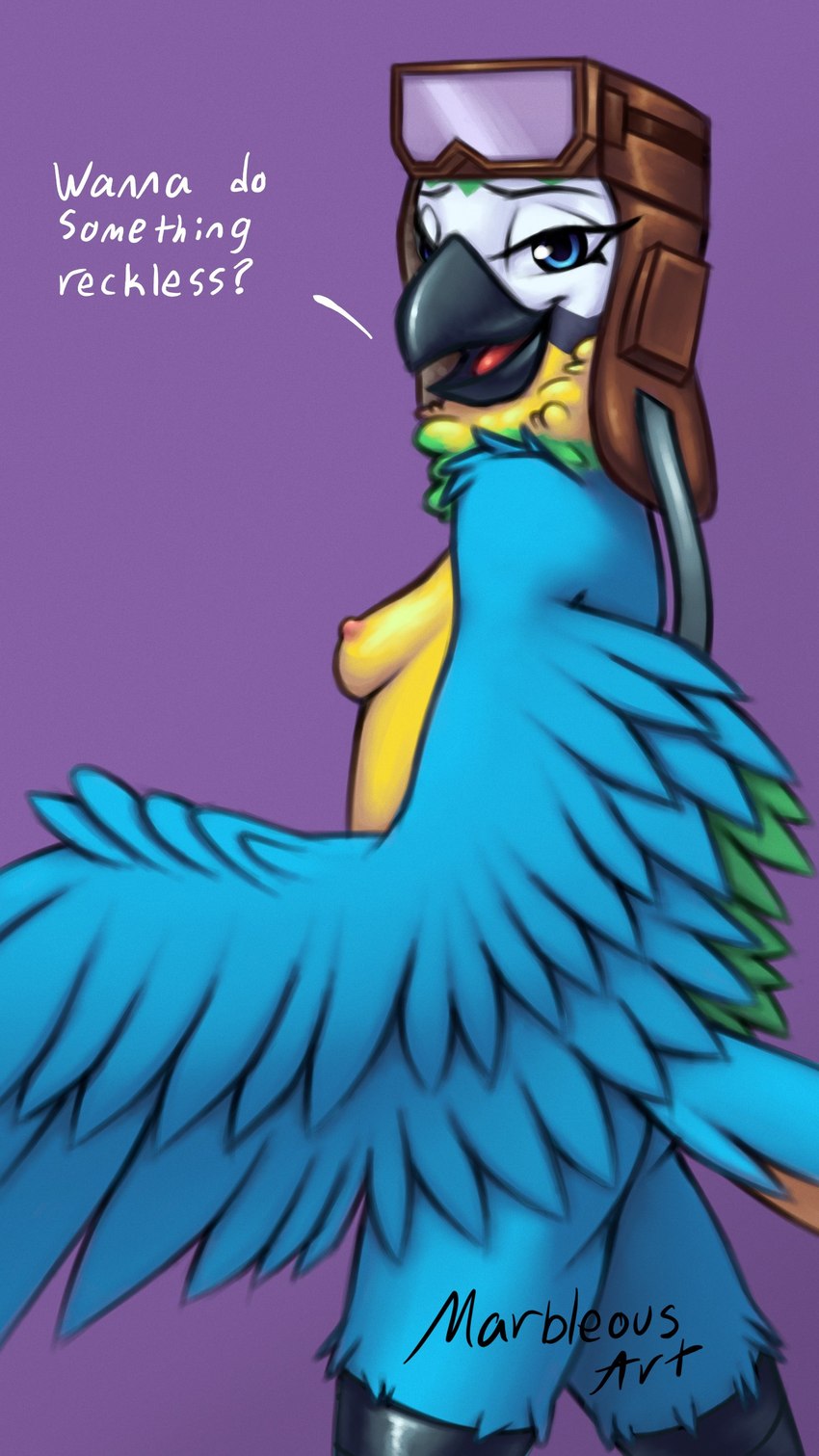 anthro asking_viewer beak black_beak blue_body blue_eyes blue_feathers breasts butt clothing dialogue eyewear eyewear_on_head feathers female goggles goggles_on_head goggles_on_headwear half-closed_eyes headgear headwear legwear looking_at_viewer mostly_nude narrowed_eyes nipples non-mammal_breasts open_mouth open_smile purple_background question side_view simple_background small_breasts smile solo tail text tongue winged_arms wings marbleous indigo_park mollie_macaw avian bird macaw neotropical_parrot parrot true_parrot absurd_res artist_name digital_media_(artwork) english_text hi_res portrait three-quarter_portrait