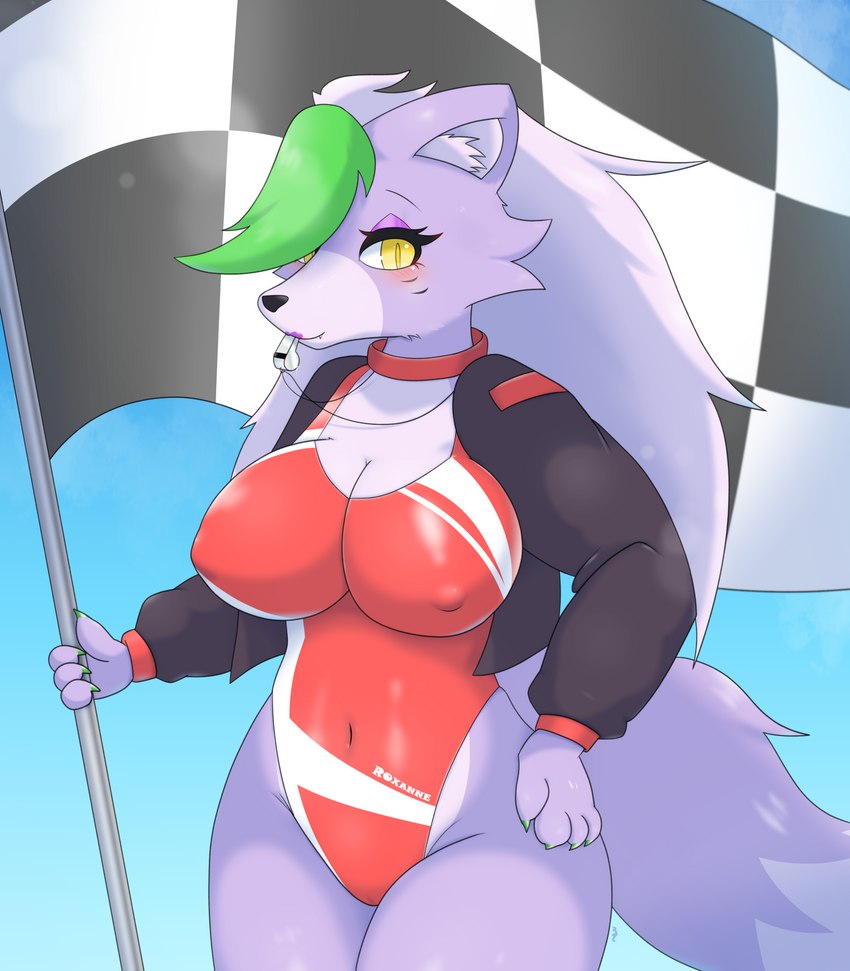 anthro blush breasts clothed clothing female fur green_hair hair nipples one-piece_swimsuit race_queen solo swimwear 3cir_cle five_nights_at_freddy's five_nights_at_freddy's:_security_breach scottgames steel_wool_studios roxanne_wolf canid canine canis mammal wolf 2022 absurd_res hi_res