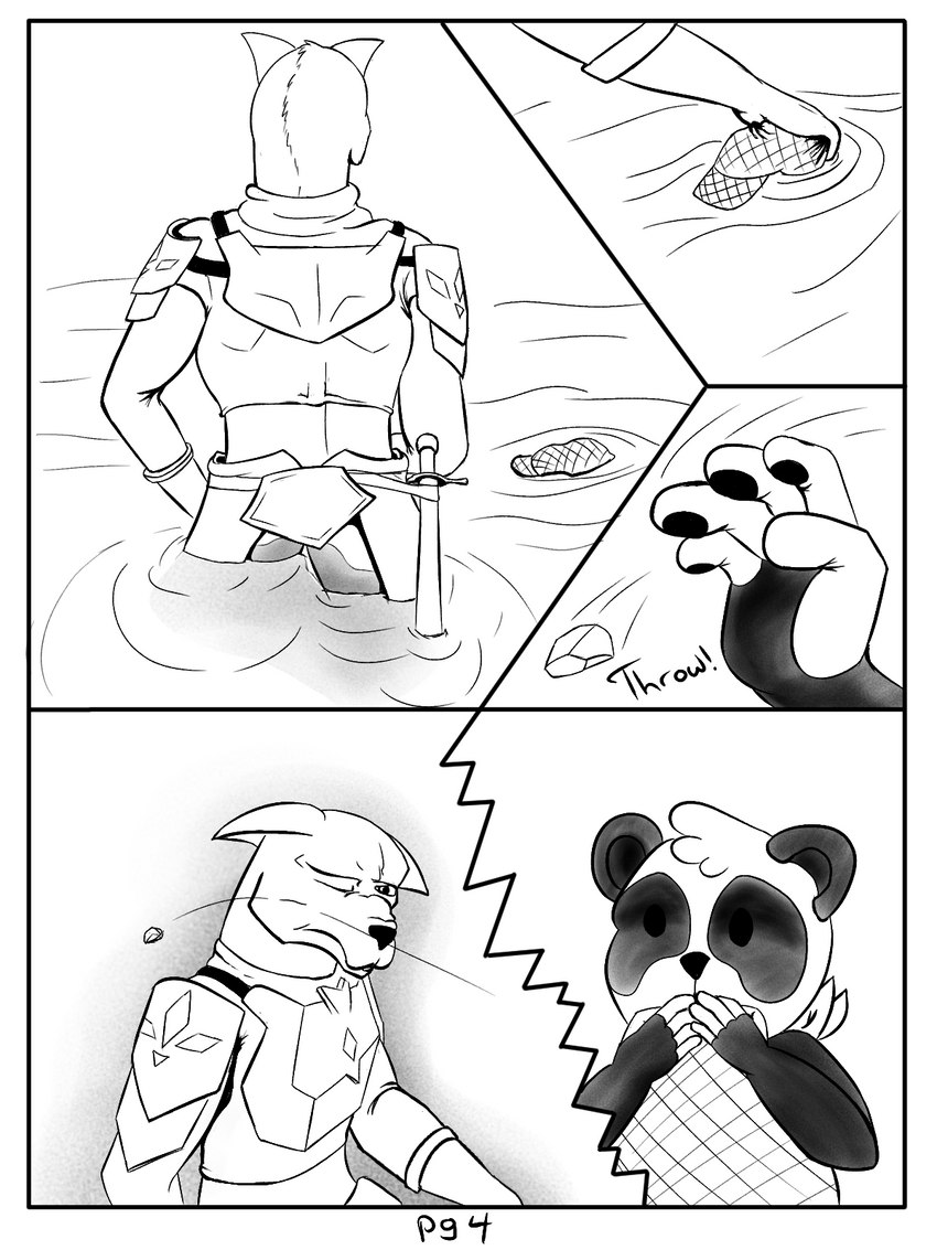 anthro clothed clothing duo fantasy fur knight male navel simple_background slightly_chubby text warrior young young_anthro wintersink bear giant_panda mammal murid murine rat rodent 3:4 comic english_text hi_res monochrome