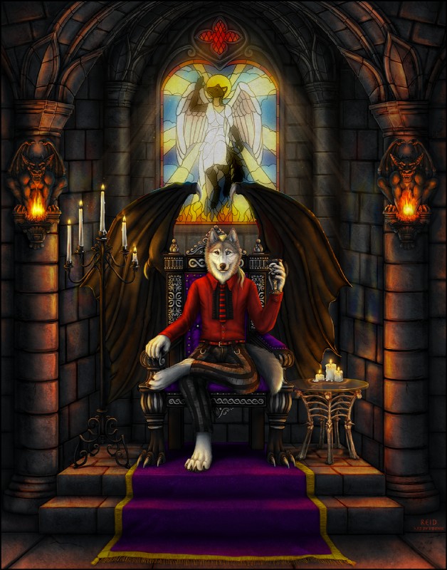 4_toes anthro bat_wings belt biped black_border blonde_hair border bottomwear candle castle chair clothed clothing container cup detailed_background detailed_fur digitigrade feet fire fur furniture goblet hair heterochromia holding_object male membrane_(anatomy) membranous_wings necktie pants pattern_bottomwear pattern_clothing pattern_pants red_clothing red_shirt red_topwear shirt sitting solo stained_glass striped_bottomwear striped_clothing striped_pants stripes throne toes topwear window wings sidonie canid canine canis mammal wolf 2017 detailed digital_media_(artwork) hi_res