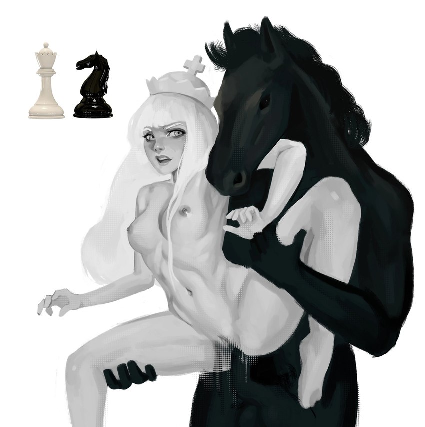 alternate_species anthro astonishment big_arms black_eyeshadow bodily_fluids chess cross cum duo eyeshadow female furrification genital_fluids genitals grey_eyes hair humanization interspecies knight_(chess) makeup male male/female penis pussy realistic_anthro small_arms white_hair ananasint equid equine human humanoid mammal hi_res