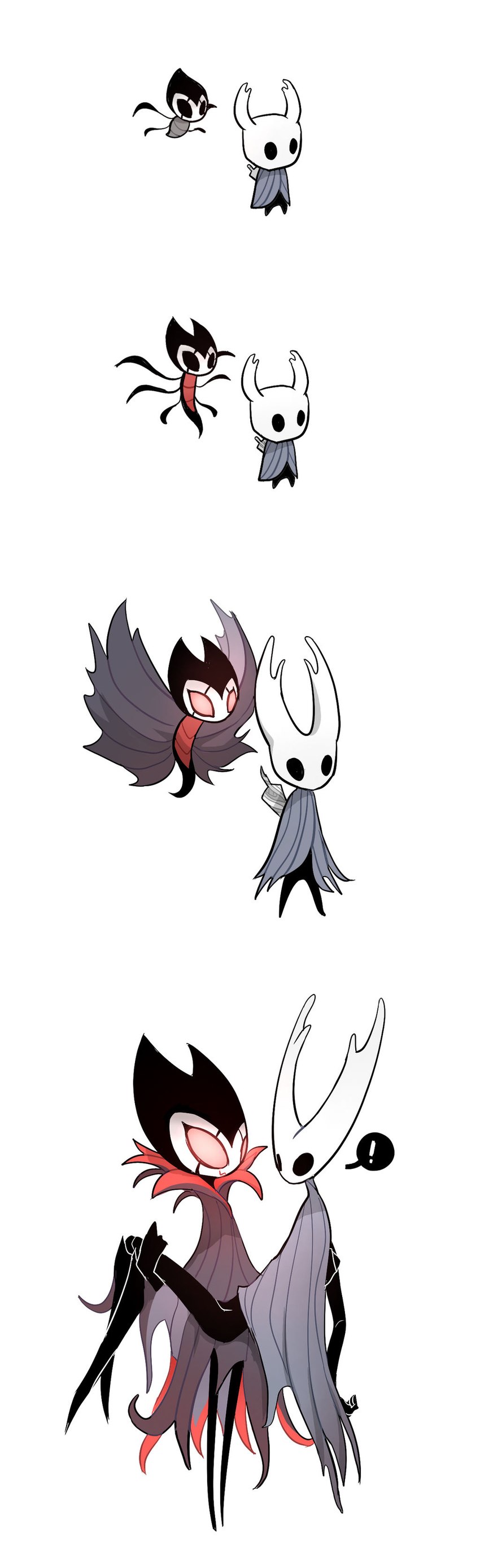 anthro black_body carrying_another clothed clothing duo exclamation_point flying horn male simple_background size_difference white_background young zephov hollow_knight team_cherry grimmchild_(hollow_knight) the_knight_(hollow_knight) arthropod insect absurd_res hi_res adopted_(lore) adopted_son_(lore)