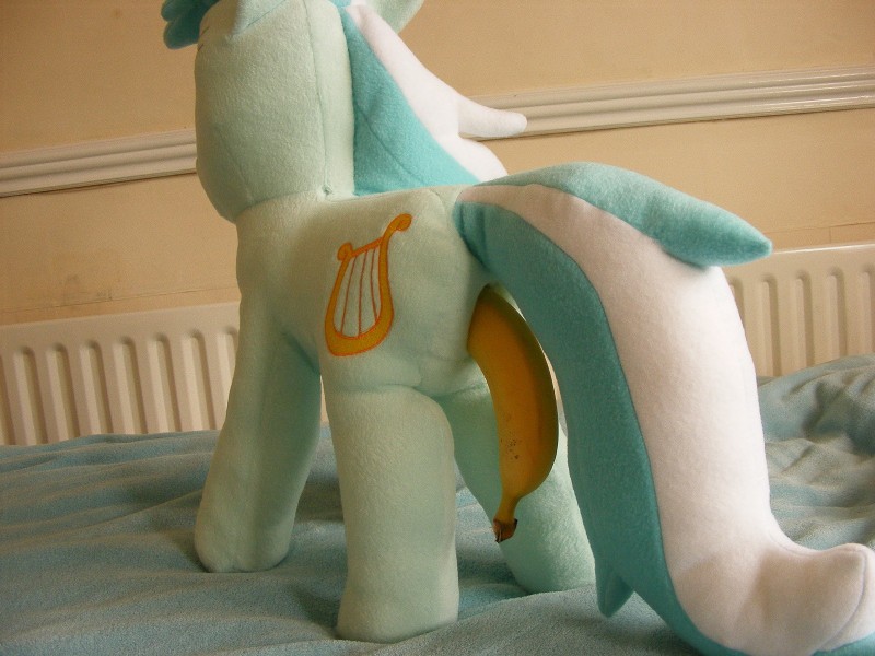 banana bed blue_body blue_fur cutie_mark female feral food fruit fur furniture genitals improvised_dildo improvised_sex_toy inside lyra_plushie on_bed plant plushie pussy real rear_view solo standing taking_it_way_too_far pyritie friendship_is_magic hasbro my_little_pony lyra_heartstrings_(mlp) equid equine horse mammal pony 4:3 grandfathered_content hi_res photography_(artwork)