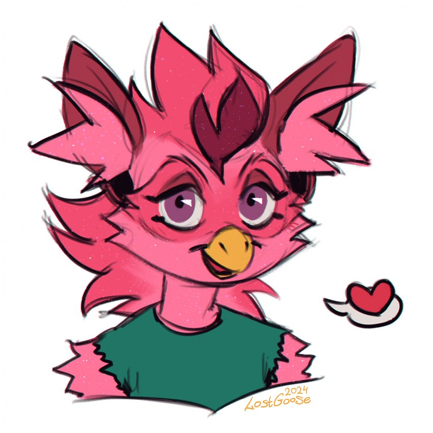 anthro beak hair heart_symbol male pink_body pink_eyes pink_hair simple_background solo lostgoose furby_(species) 1:1 2024 colored_sketch hi_res portrait sketch