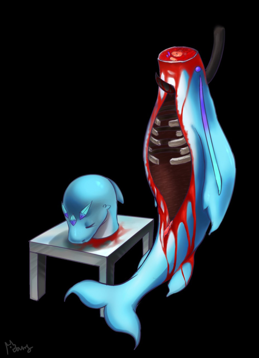 black_background blood blue_body bodily_fluids death decapitation detachable detachable_head disembowelment dorsal_fin eyes_closed female feral fin furniture gem gore hanging_by_hook headless hook rib_cage ribs simple_background solo stab table wounded nello_the_tiger cetacean dolphin mammal marine oceanic_dolphin toothed_whale hi_res