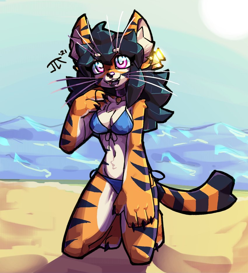 anthro barefoot black_hair black_nose blue_bikini_bottom blue_bikini_top collar ear_piercing feet female hair kneeling looking_up open_mouth outside piercing smile solo whiskers waffl3sk4t alice_(waffl3sk4t) felid mammal pantherine tiger 2021 hi_res