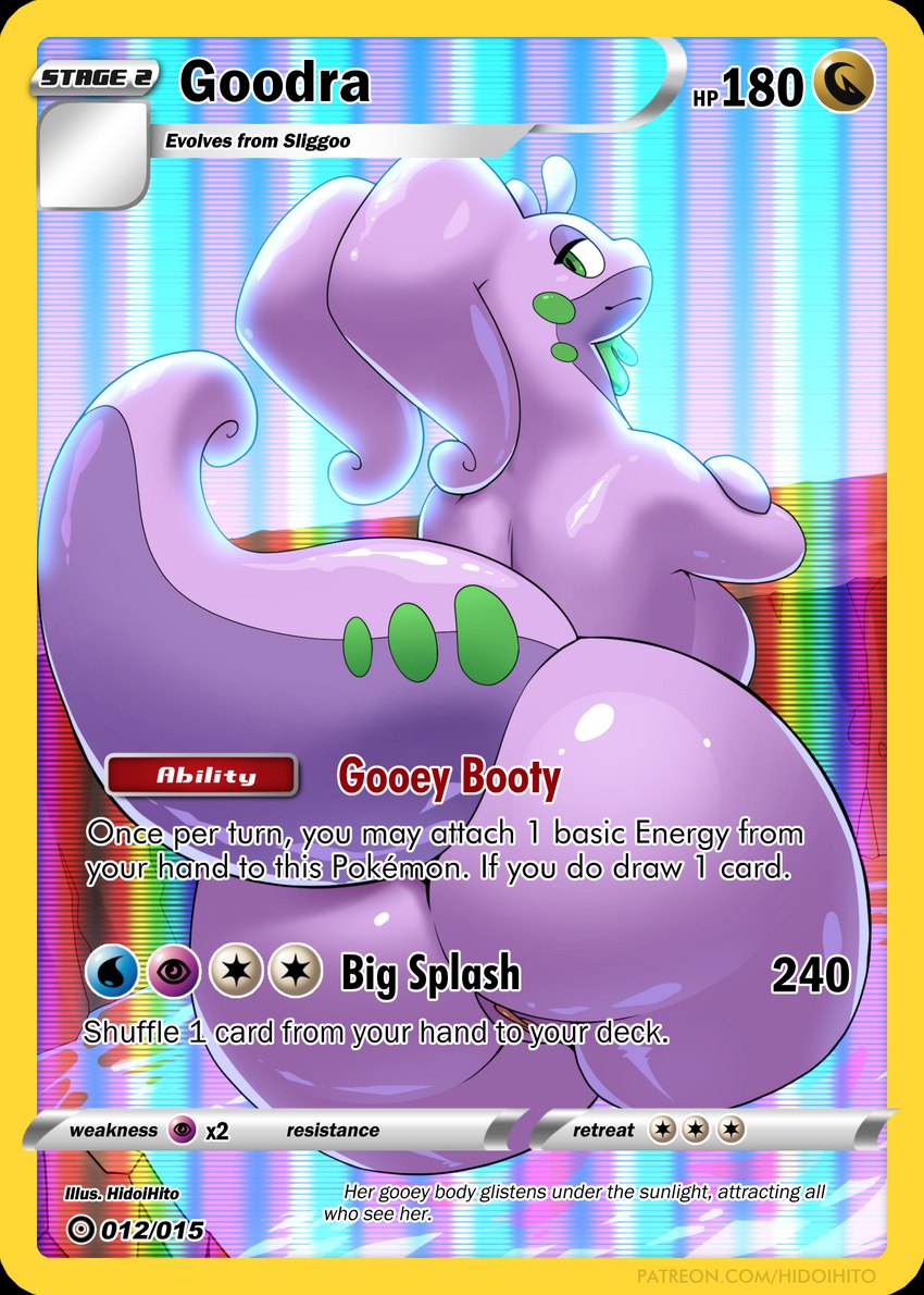 anthro big_butt breasts butt card_template female gameplay_mechanics genitals huge_butt looking_back pokemon_card purple_body pussy side_boob solo tail text trading_card trading_card_game trading_card_template hidoihito nintendo pokemon generation_6_pokemon goodra pokemon_(species) english_text hi_res