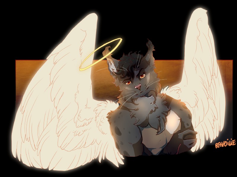 amber_eyes anthro black_body black_fur feathered_wings feathers fur looking_at_viewer smile solo whiskers white_body white_feathers wings ravoilie krymson felid feline hybrid lynx mammal 2019 alpha_channel digital_media_(artwork)