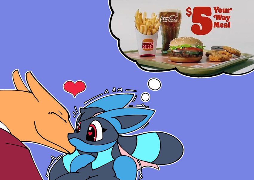 anthro beverage big_breasts black_body black_fur blue_body blue_fur breasts burger clothed clothing duo female food fries fur heart_eyes heart_symbol kiss_on_lips kissing male nugget orange_body soda suit text d-6alaxy burger_king nintendo pokemon delia_(d-6alaxy) helios_(d-6alaxy) charizard generation_1_pokemon generation_4_pokemon lucario pokemon_(species) colored english_text hi_res meme